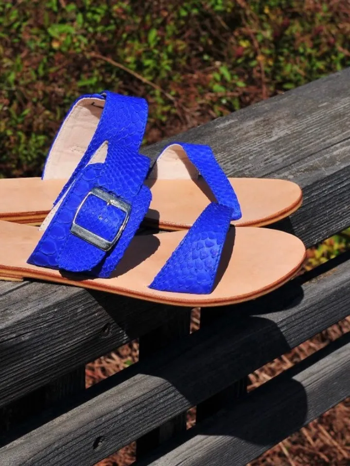Genuine Python Skin and Genuine Lether Bright Blue Sandal | women shoes | Handmade shoes | women summer sundal | Exotic leather shoes