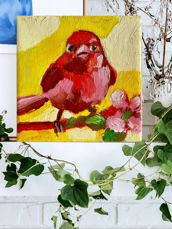 Red Summer Tanager Painting, Bird Original oil Painting on Canvas, Wildlife Art, Miniature Artwork 4"x 4"