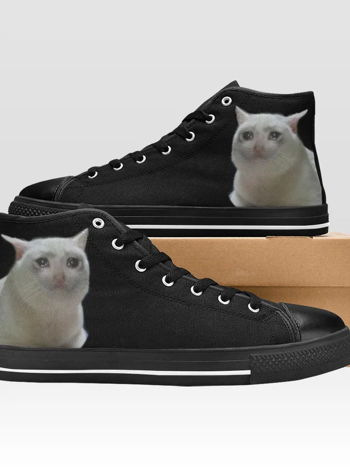 Crying Cat Meme Shoes, High-Top Sneakers, Handmade Footwear