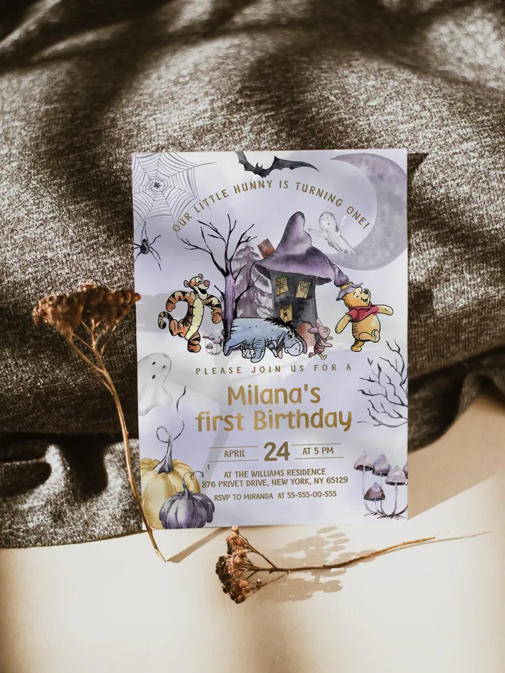 Winnie the Pooh Halloween Birthday invitation Classic Winnie Pooh; Neutral Winnie Pooh Turning one Winnie Pooh Birthday Party