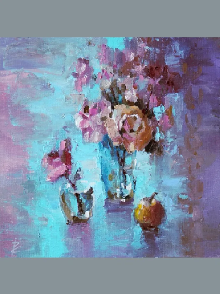 Oil painting with rose palette knife 7.8 x 7.8" Small oil painting "Pearl Morning"