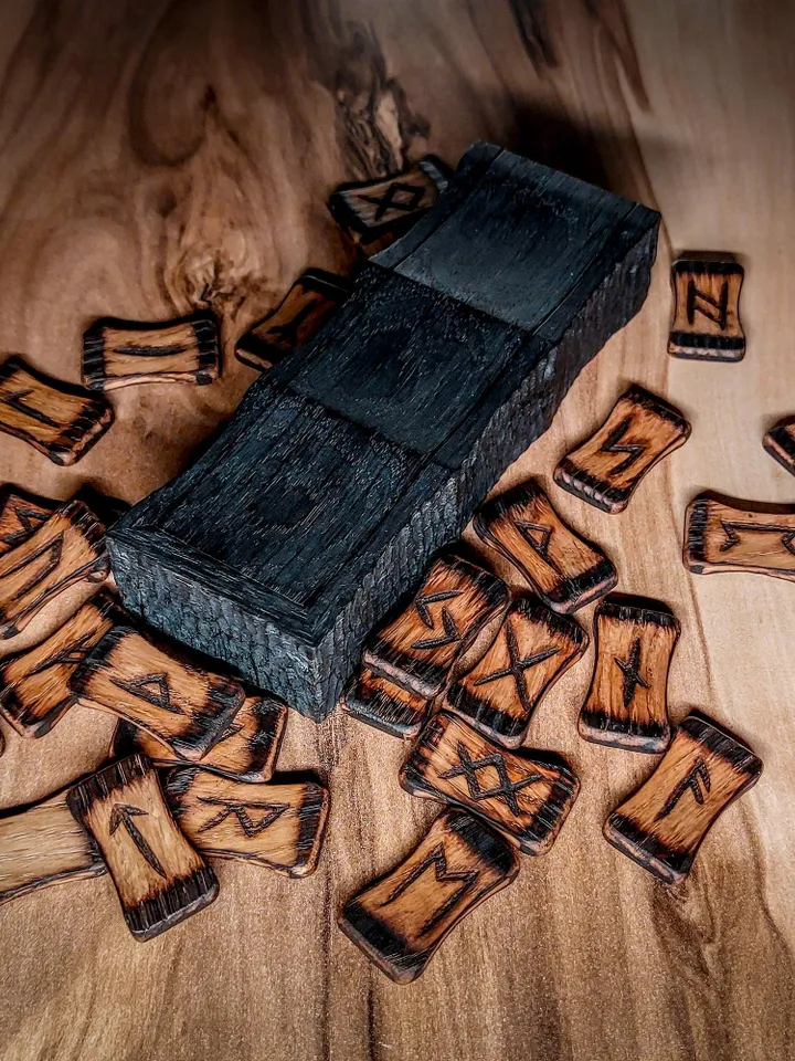 Celtic Scandinavian Oak Runes. Wooden Box. Elder Futhark. Viking Rituals.