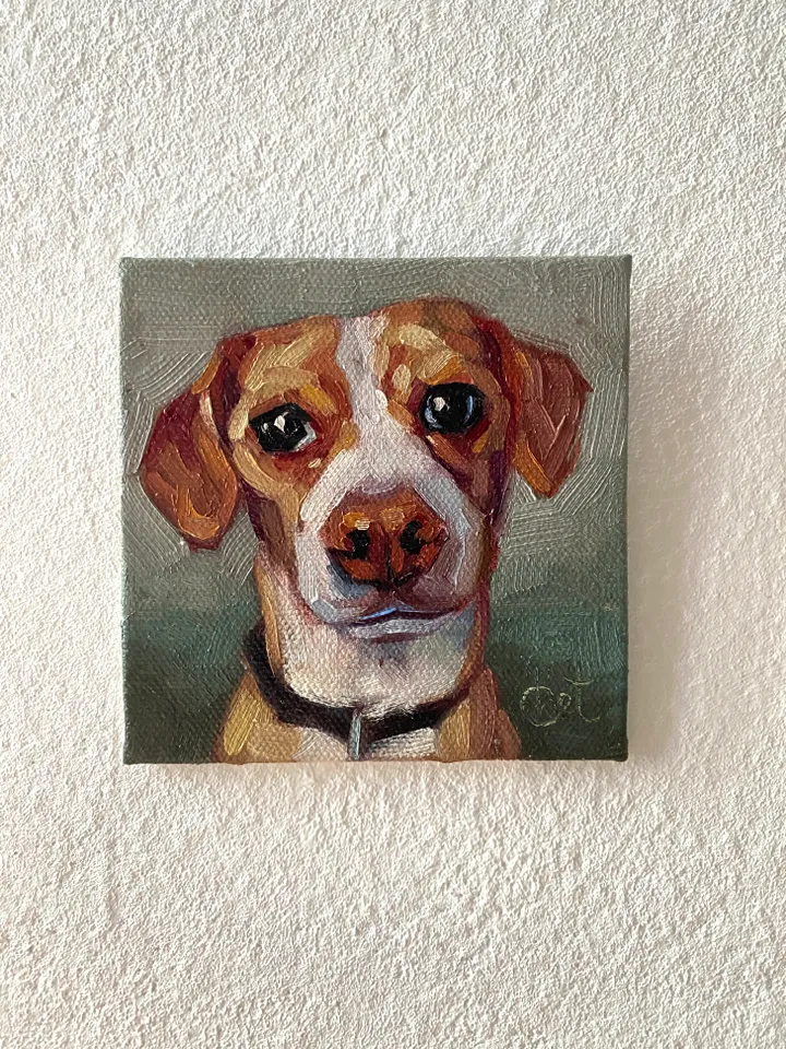 Dog oil painting original, Pet portrait artwork, Animal miniature wall art 4x4