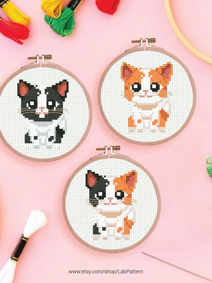Bundle of 3 mini cute kitten Cross stitch patterns contemporary cats animals beginner counted modern chart gift DIY embroidery instant PDF