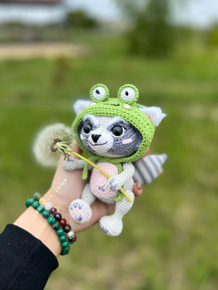PDF Crochet Raccoon in a Frog Hat Pattern, Amigurumi Animal, Crochet Raccoon Pattern, Amigurumi Frog, Crochet Frog, Raccoon Doll Pattern