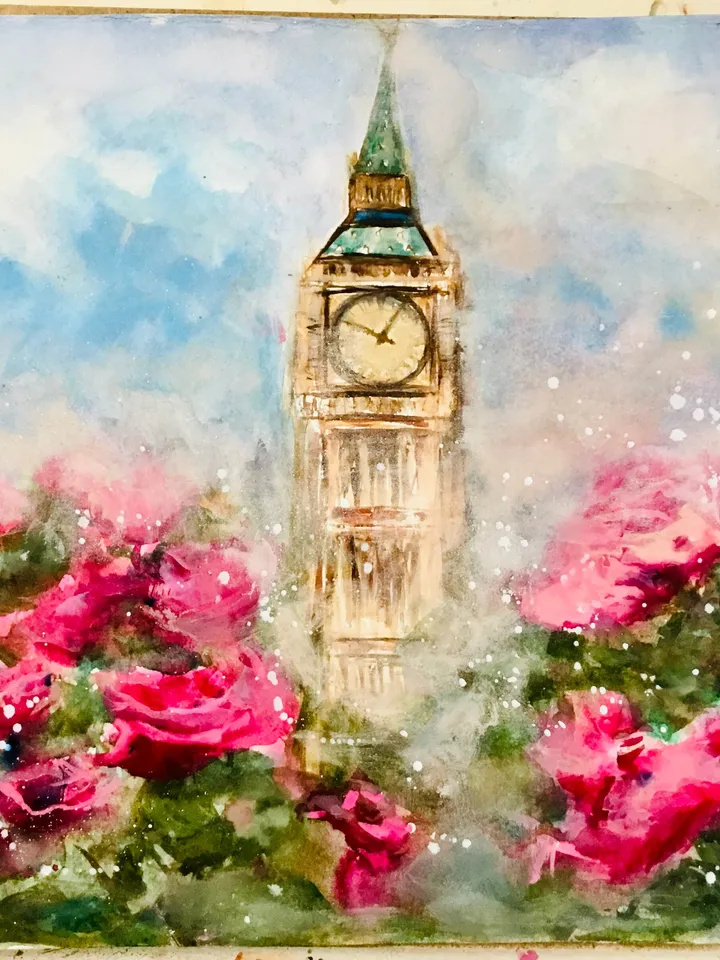 Big ben ,London painting ,original watercolour painting ,pink flowers painting,foggy landscape painting,wall art ,handmade home decoration
