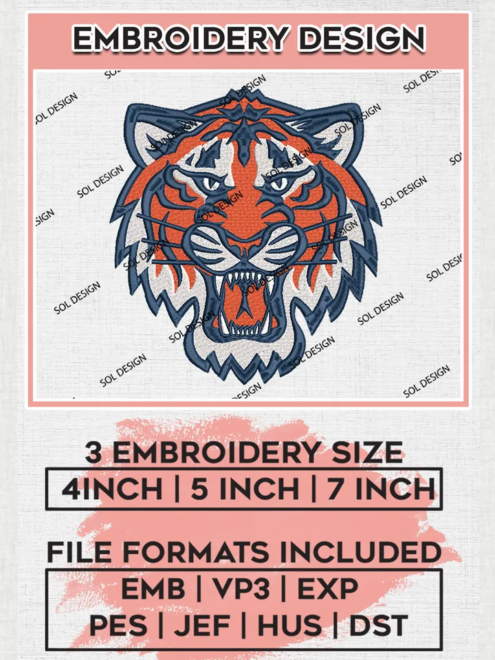 Detroit Tigers Logo Machine Embroidery Files, MLB Detroit Tigers Team Embroidery, NCAA Teams, 3 sizes, MLB Machine embroidery designs, Digital Download