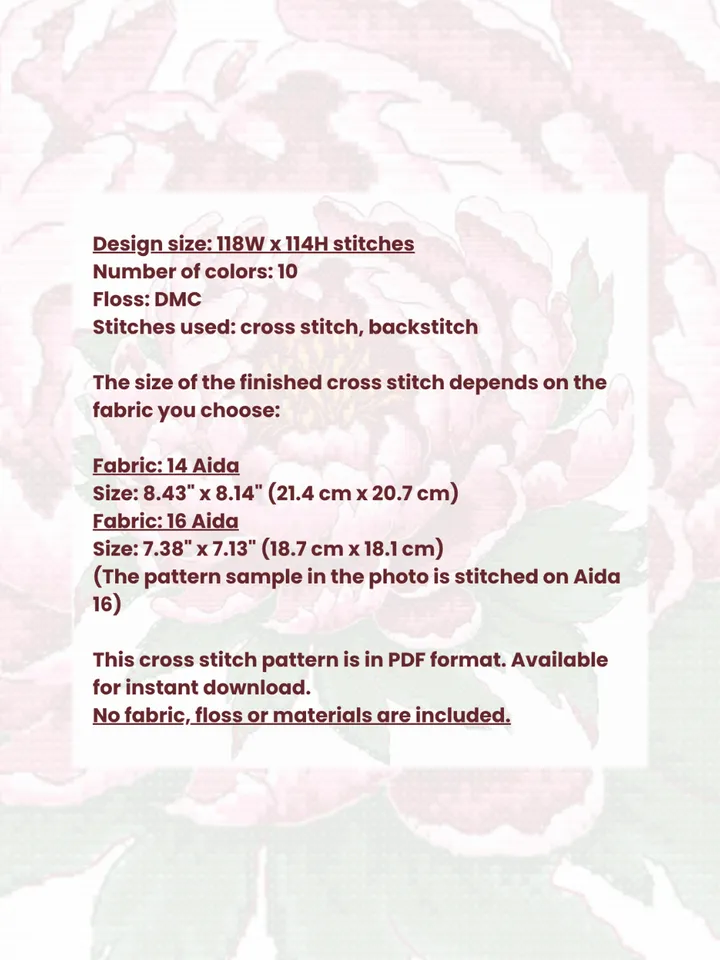 Cross stitch pattern Peony, PDF xstitch chart Flower