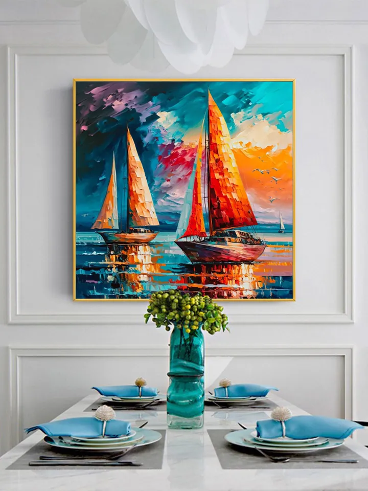 Original Colorful Sailboat Oil Painting on Canvas, Abstract Seascape Acrylic Painting Large Wall Art Custom Painting Living Room Wall Decor