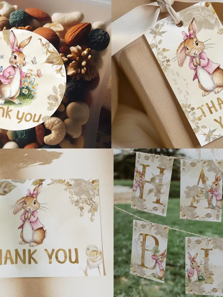 DIY Editable Baby Birthday Template large Bundle for Peter Rabbit party theme invitation banners labels milestone pr777