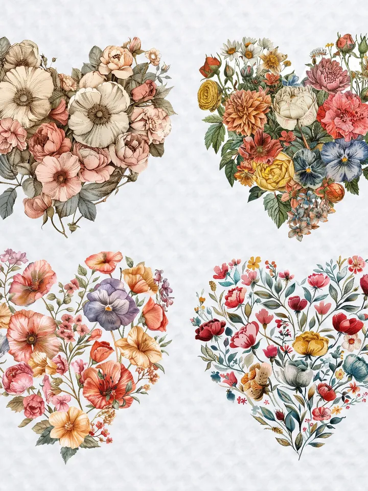 16 Vintage Floral Heart PNG Clipart, Watercolor clipart, Floral Heart sublimation, Printable clipart, Digital download, Paper craft