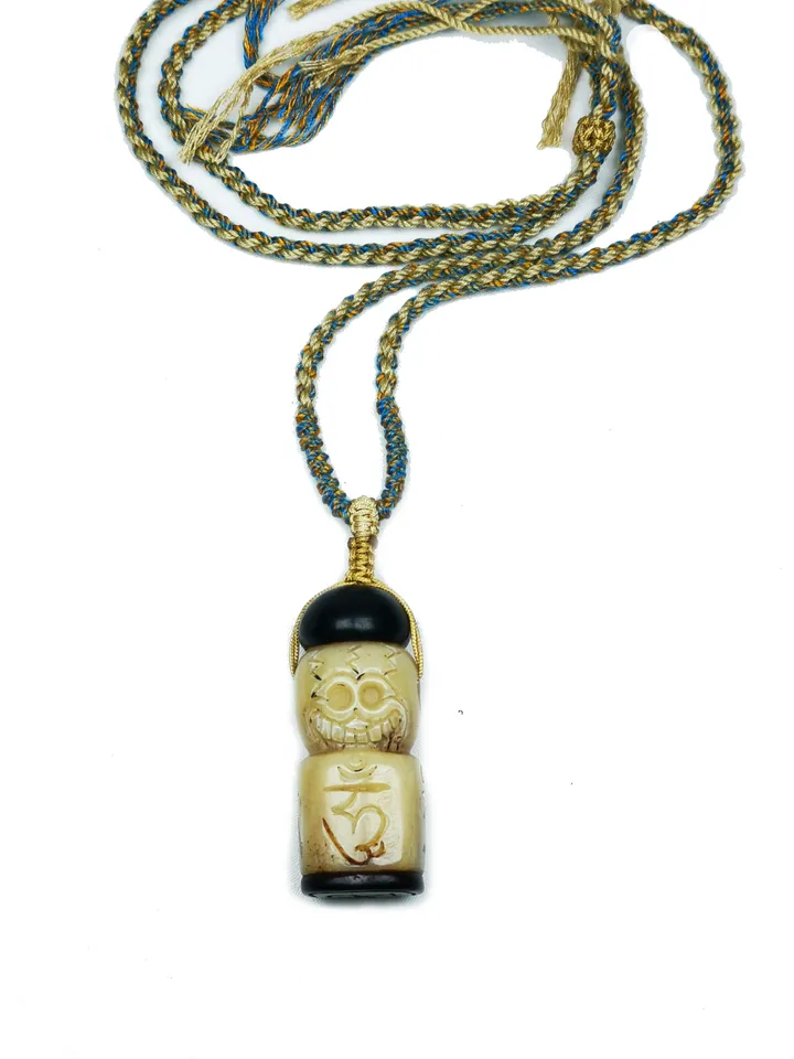 Gandhanra Unique Tibetan Yak Bone Carved Pendant,Citipati Skull Shape OM Letter Stamp Seal Amulet