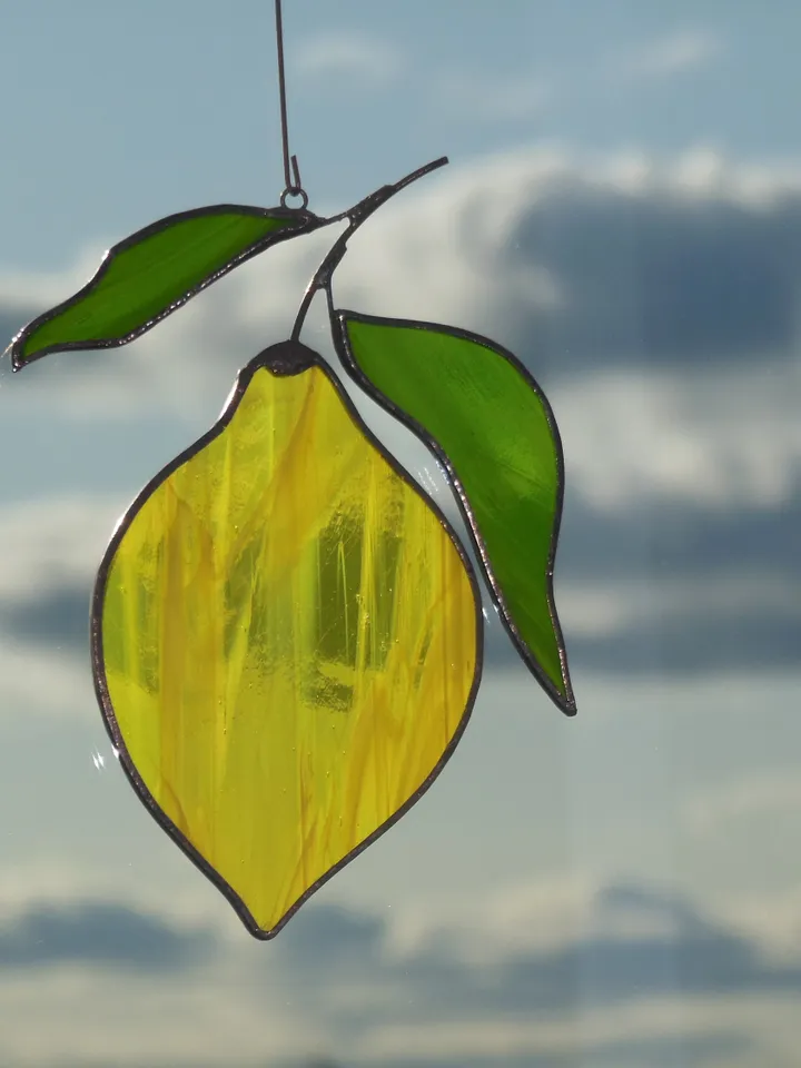 Yellow Lemon . Art stained glass window hanging Suncatcher (texture S ) kitchen fruit berries