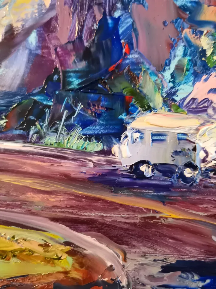 National Parks Trees Mountain Car Road Original Art Oil Painting Artist Svinar Oksana