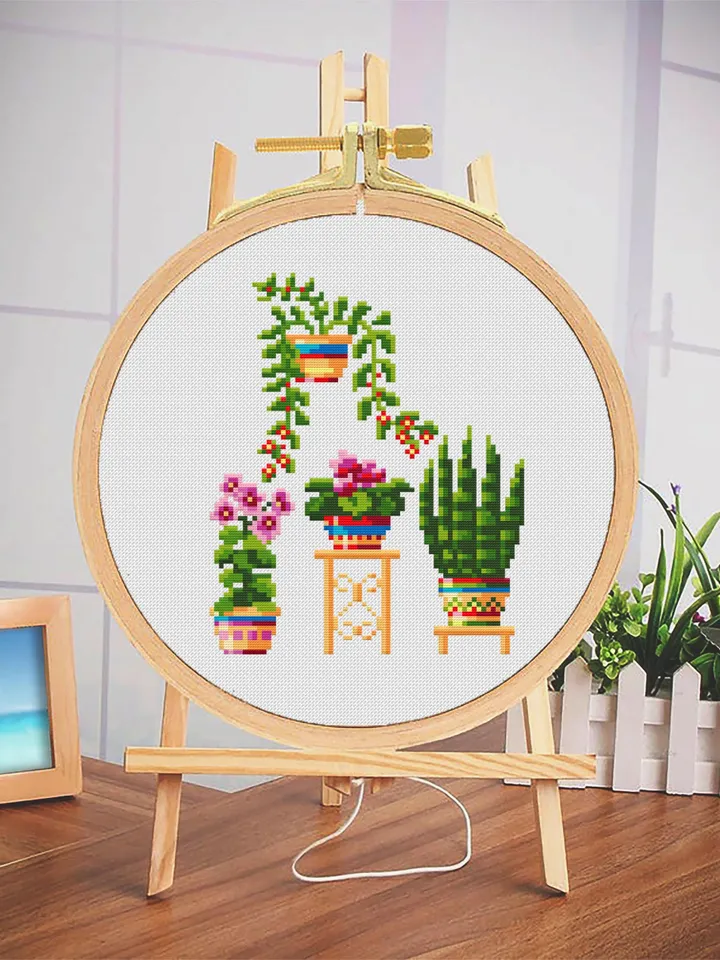 Home plants cross stitch pattern download PDF, Floral cross stitch chart, Small embroidery beginner, Potted plants digital pattern PDF #P6