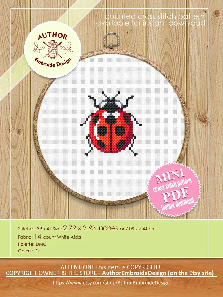 Small ladybug cross stitch pattern PDF instant download Beginner cross stitch chart, Ladybird pattern digital PDF, Insect cross stitch #K43