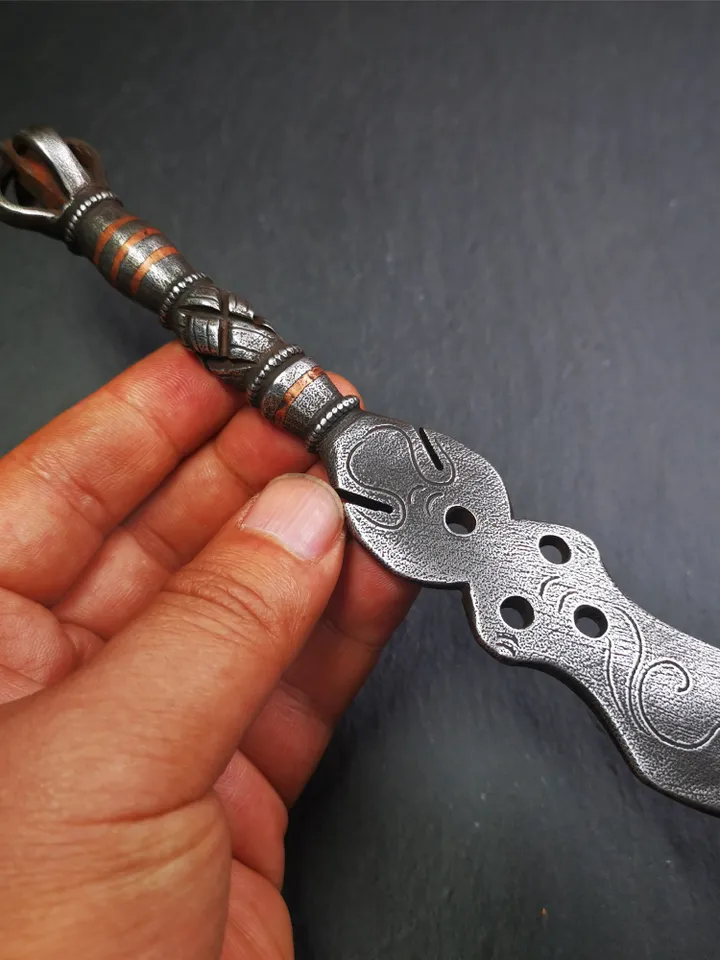 Gandhanra Handmade Tibetan Buddhist Ritual Implement - Kila -Dorje Phurba,Made of Cold Iron inlaid Copper,7.8"