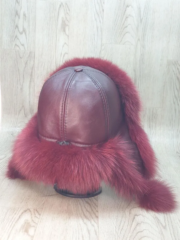 Women's Hat Zimushka from Fox. Fur hat from Natural Fur. Top of the Hat Genuine Leather. Winter hat. Handmade. Red hat made of arctic fur