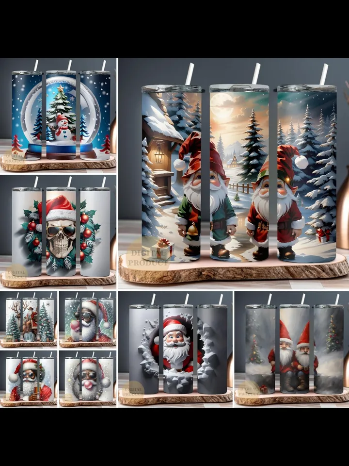 10 Christmas 20 Oz Tumbler Wrap png Bundle, Christmas Sublimation Designs for Tumbler, Christmas Skull with Santa Hat, Santa with Bubble Gum