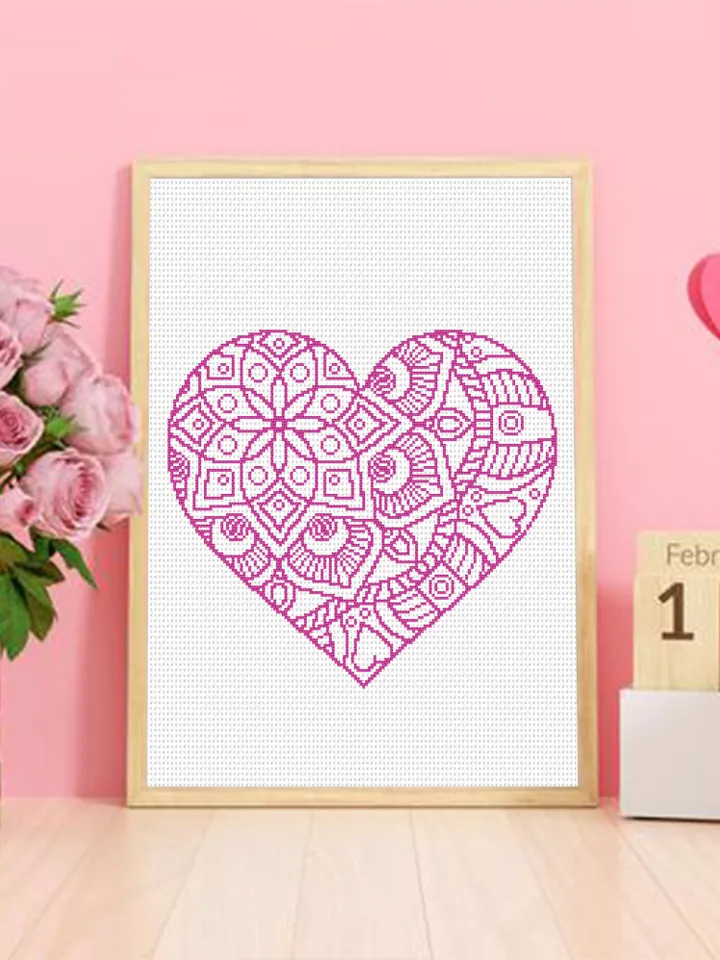 Heart mandala cross stitch pattern download PDF, Mandala heart shaped digital PDF, Heart ornament cross stitch chart, Valentine's Day #M73