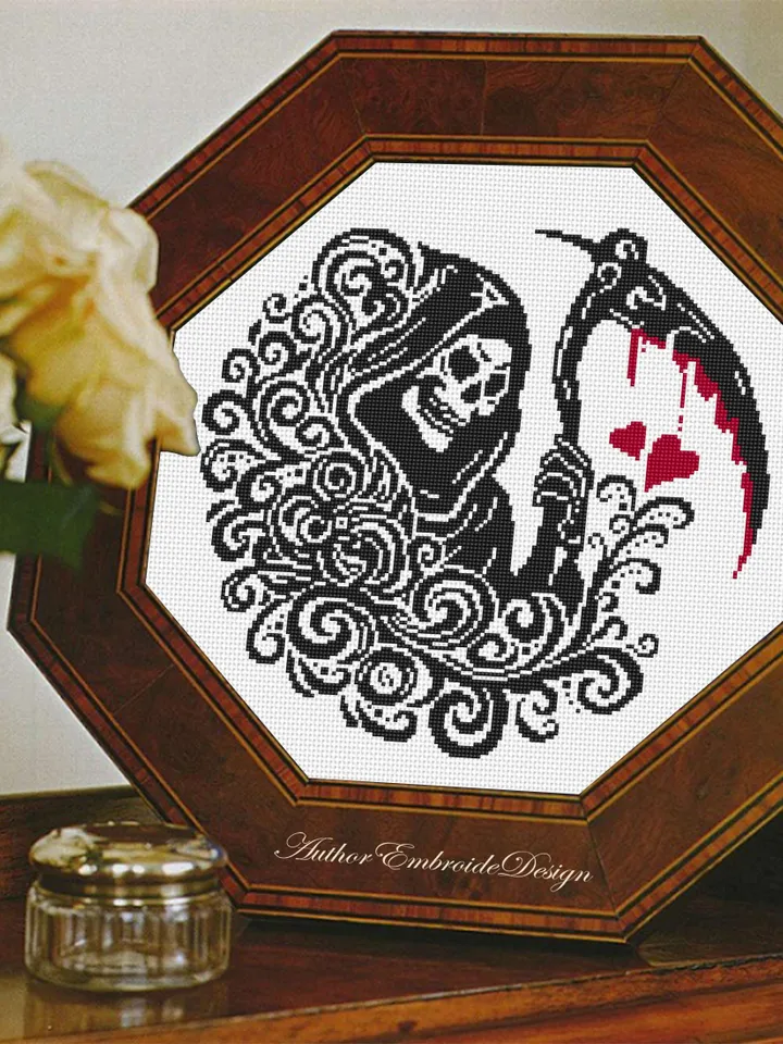 Grim reaper cross stitch pattern PDF download Gothic cross stitch chart, Gothic Halloween pattern digital PDF, Death with a scythe #H78