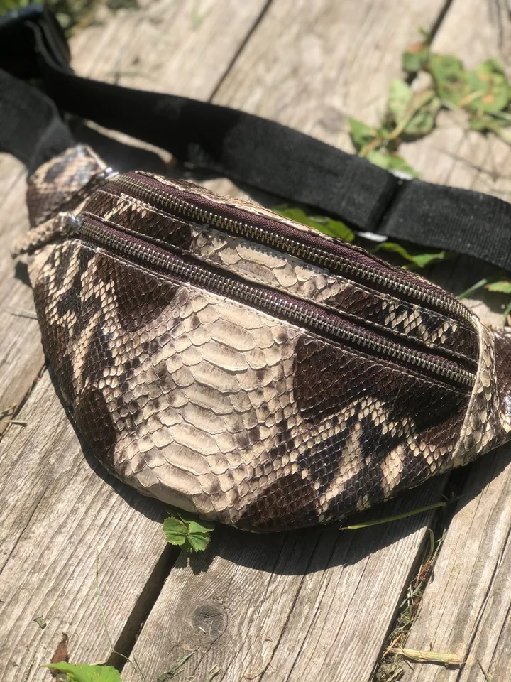 Genuine Python Skin Fanny Pack Brown and White | Exotic Leather Bags | Fanny Pack Women | Summer Fanny Pack | Snake Print Bag | Stylich Bag