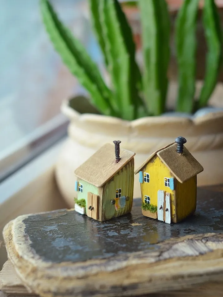Set of two tiny wooden houses, driftwood art, small house, eco gift, house miniature, yellow house, green wood hoose