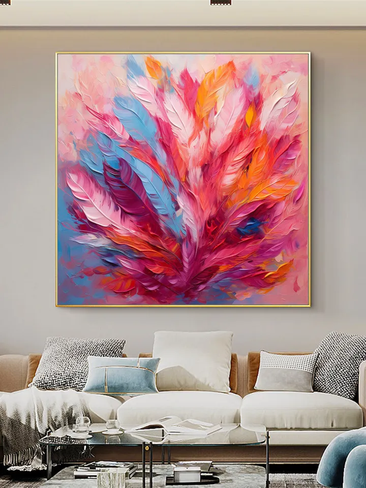 Original Colorful Feathers Oil Painting On Canvas, Large Wall Art, Abstract Colorful Painting, Custom Painting, Living room Home Wall Decor