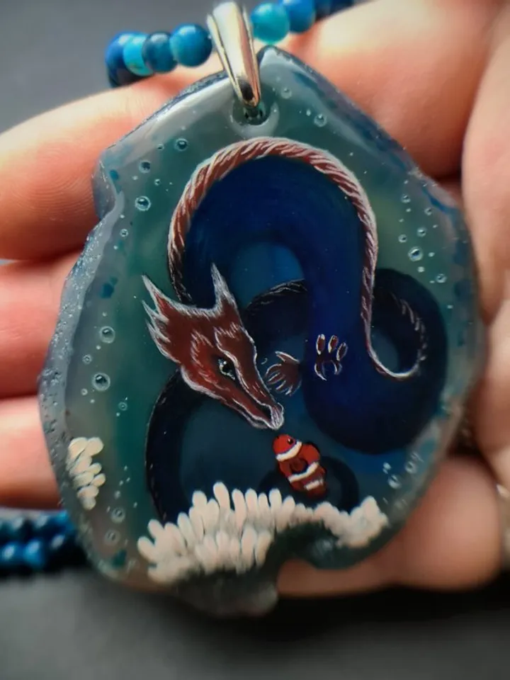 Dragon necklace Painting Agate Stone Dragon charm Christmas Gift Wrapping