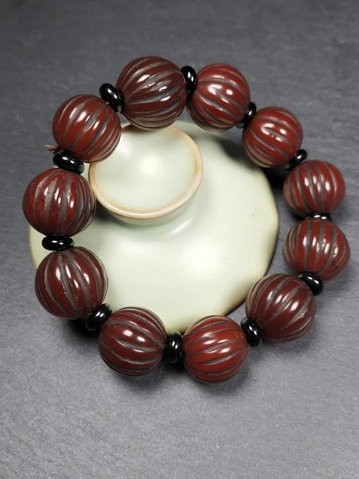 Gandhanra Old Tibetan Wrist Mala, 0.75" Agate Pumpkin Ball Prayer Beads Bracelet