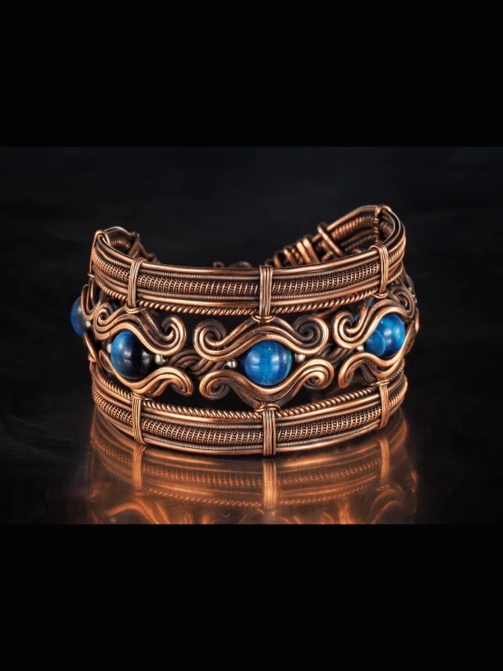Copper wire bracelet with natural falcon eye, 7th Wedding Anniversary gift