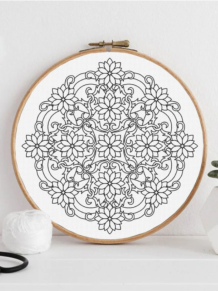 Floral mandala blackwork pattern PDF download Mandala ornament Backstitch chart, Simple mandala for hand embroidery PDF, Mandala art #W46