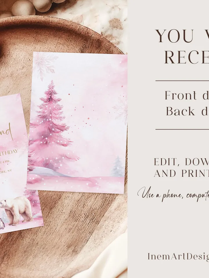 Winter Onederland Birthday Girl Invitations, Editable Pink Winter 1st Birthday Invite Template, Pink Christmas First Birthday Party - I123