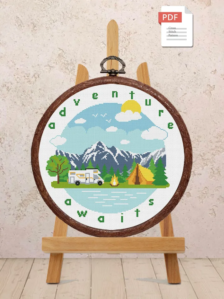 Adventure Awaits Cross Stitch Pattern, Camping Cross Stitch, Embroidery Adventure Awaits, Travel Pattern, Modern Cross Stitch #trl014