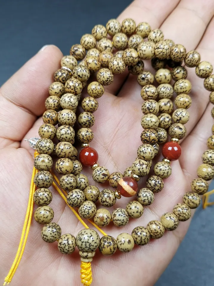 Gandhanra Old Tibetan Rosary, 7.5mm 108 Lotus Seed Mala Necklace, Antique Prayer Beads for Meditation,38cm Length