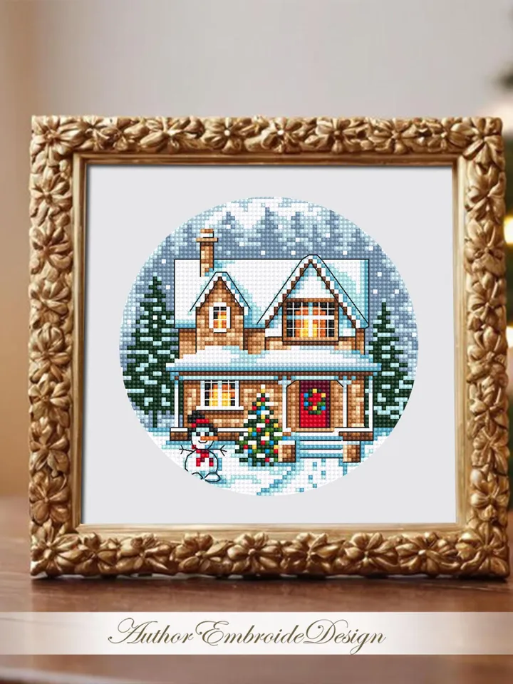 Christmas house cross stitch pattern PDF download Winter landscape cross stitch chart, Christmas pattern digital PDF, House in forest #N182
