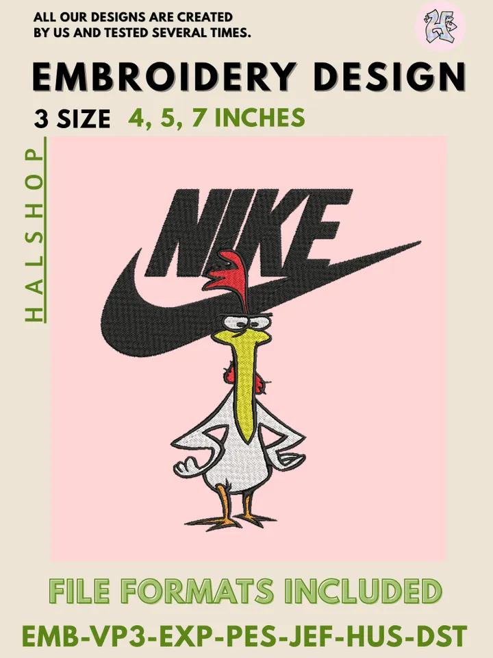 Chicken x Nike Machine Embroidery Design – Funny Animal Digital Embroidery File 🐔