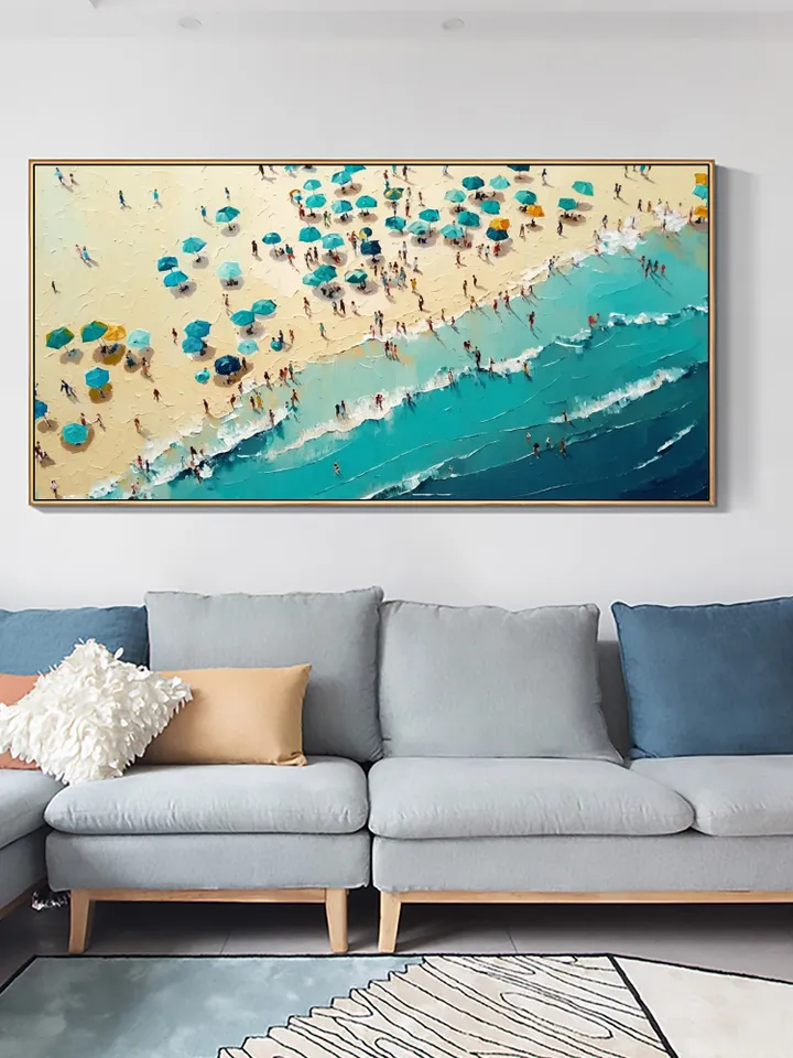 Large Original Beach Oil Painting on Canvas, Abstract Blue Seascape Painting, Texture Wall Art, Custom Painting, living room Wall Decor