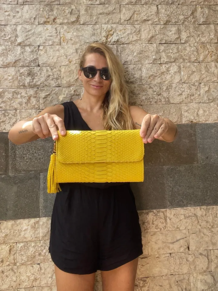 Genuine python skin classy yellow flat clutch with shoulder chain | elegant evening women purse | designer leather bags | small snake bag
