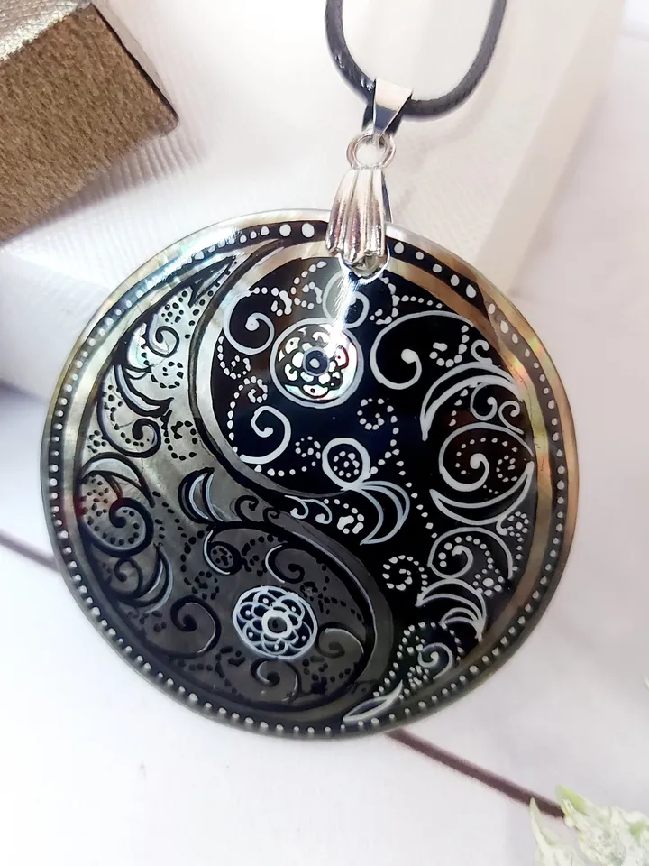 Pearl pendant necklace: Black paisley pattern in Yin Yang symbol hand painted on mother of pearl necklace • handmade boho jewelry pendant