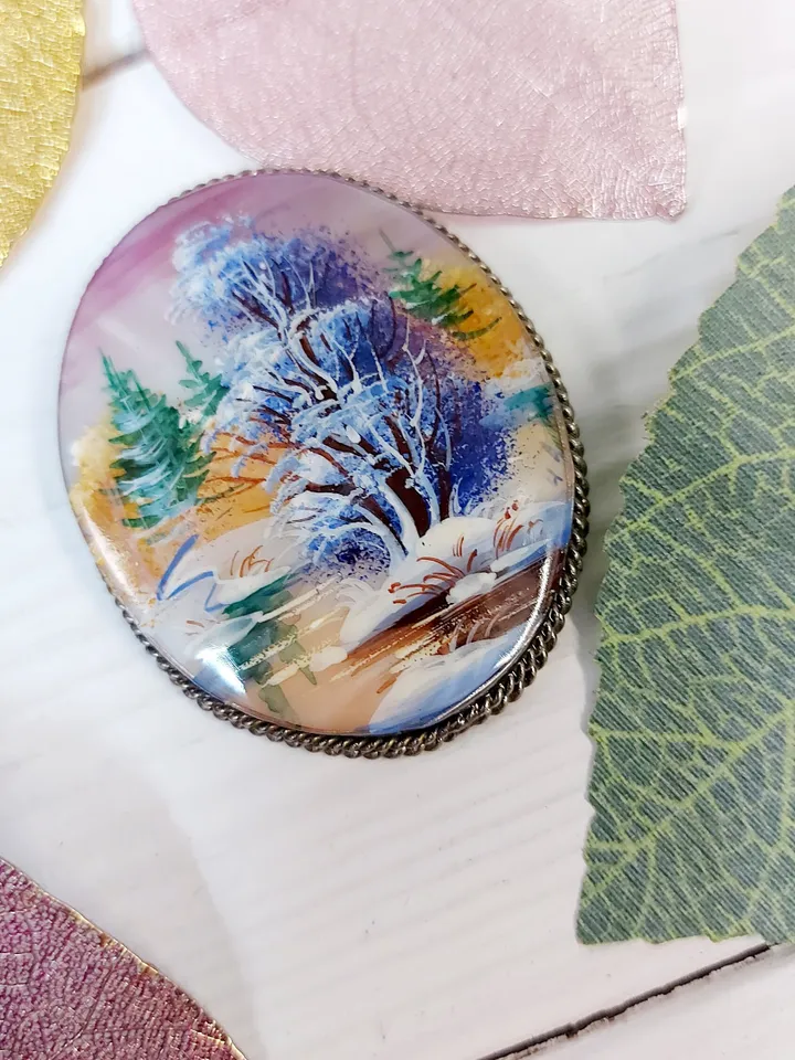 Brooches for women: Lonely solitary tree near snowy river on pearl brooch • aesthetic handmade jewelry • winter cute accessory for girl