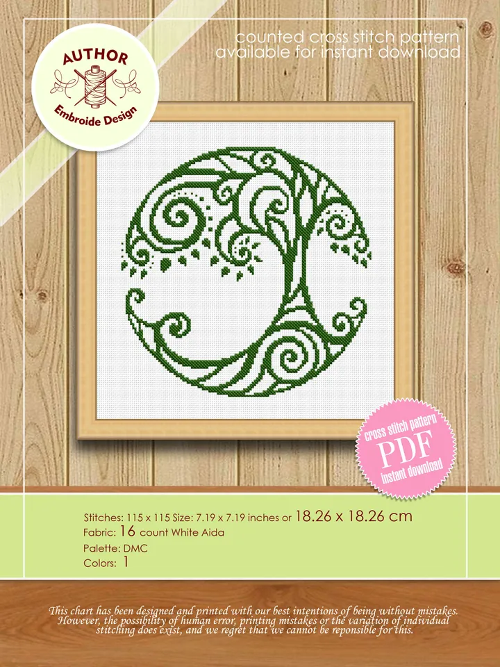Tree of life cross stitch pattern download PDF Modern mandala cross stitch chart, Nature hand embroidery PDF Monochrome beginner stitch #M35