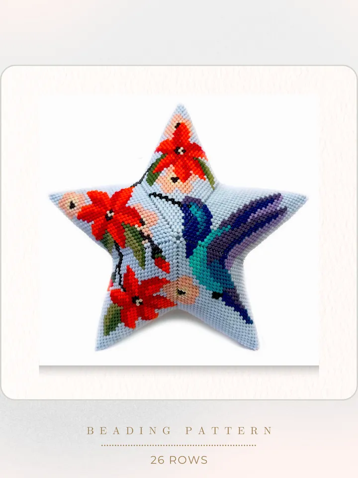 Hummingbird with Exotic Flowers, 3D Peyote Star Beading Pattern, Seed Beads Bird Ornament, Beadwork PDF Pattern