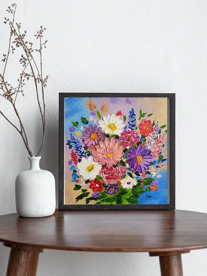 Oil Painting Bright Flowers Chamomile Roses Artistic Miniature Impasto 6 x 6 inc