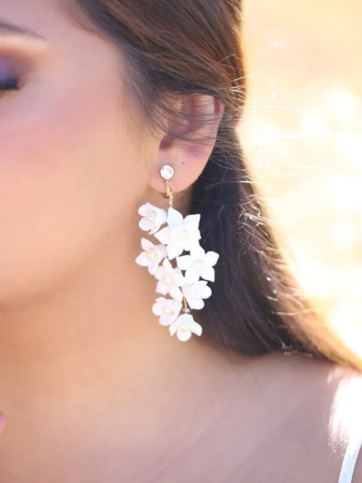 Delicate Full Porcelain Flower and Leaf Boho Wedding Earrings For Brides, Floral Bridal Earrings, Statement Wedding Jewelry, Bridal Jewelry