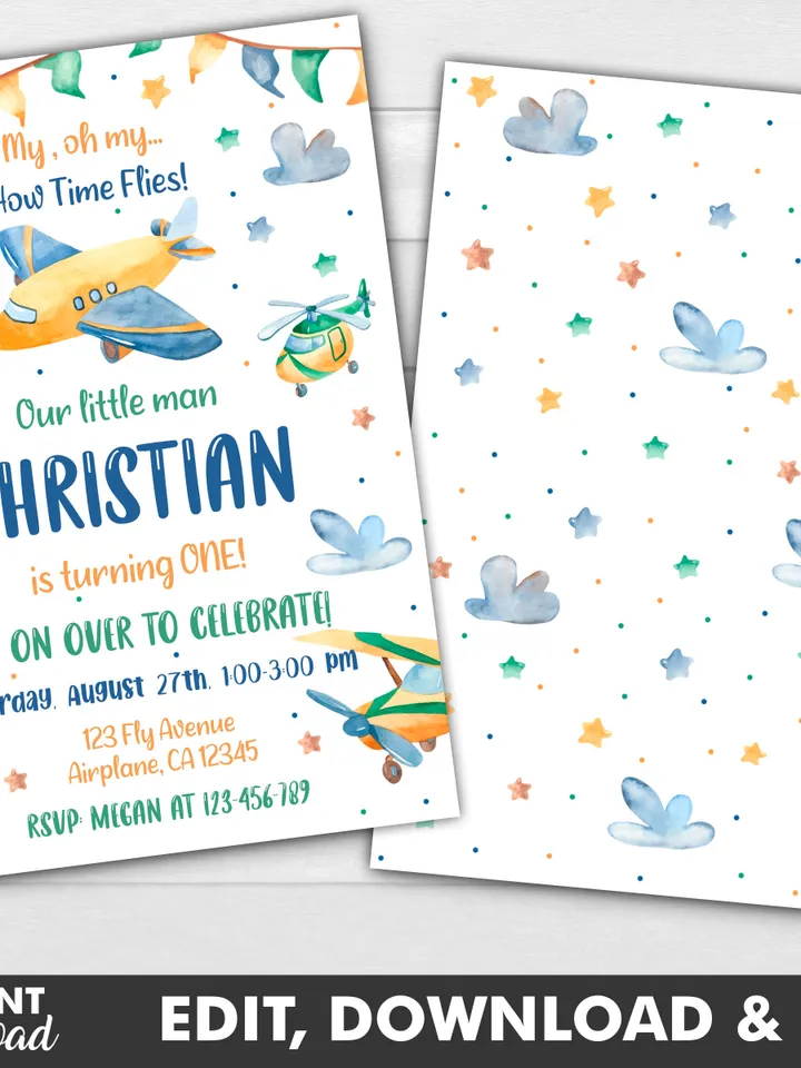Airplane Birthday Invitation, Airplane Invitation For Boy, Plane Birthday Invitation, First Birthday Boy Instant Download Editable Template