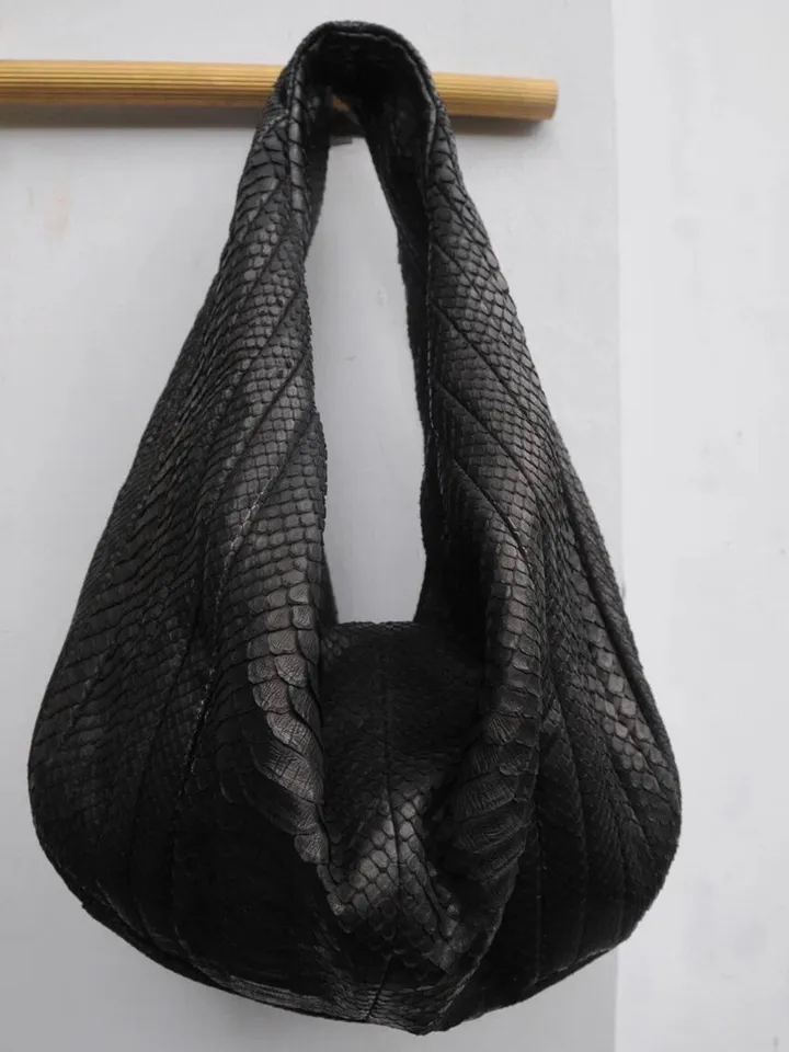 Big Soft Hobo Classy Sport Woman Stitched Bag | Purse Genuine Python Skin | Black Big Elegant Leather Designer Soft Bag Snake | reptile hobo