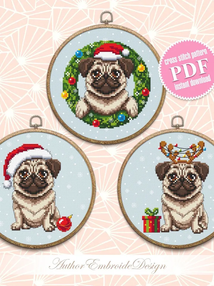 Christmas pug dog cross stitch pattern PDF download Set Pug christmas cross stitch chart, Christmas dog embroidery PDF, Dog lover gift #N104