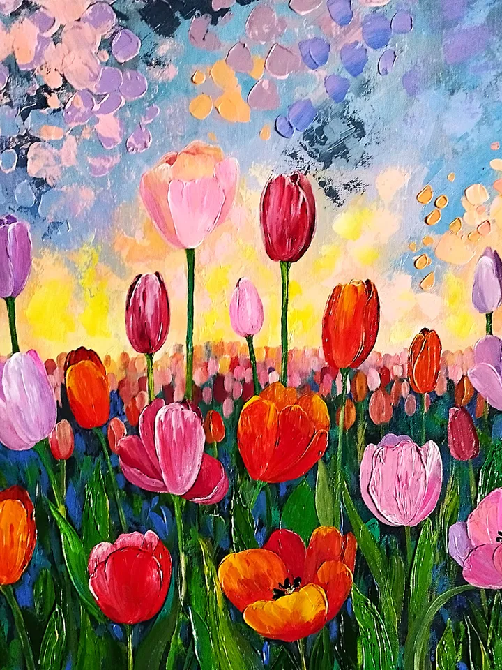 Tulips acrylic painting landscape art impasto. Flowers artwork