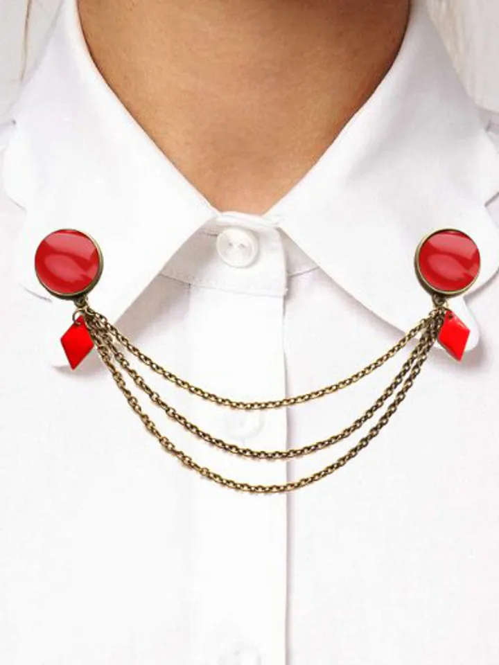Red Brooch with charm, Red Collar Pin with chain